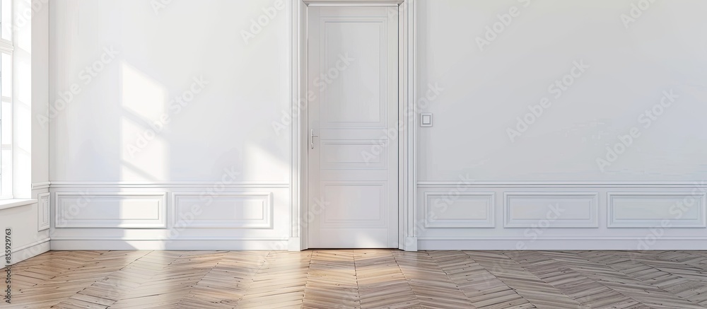 Empty interior with white wall, white door and wooden floor. Background interior. Copy space image. Place for adding text and design Empty interior with white wall, white door and wooden floor. Background interior. Copy space image. Place for adding text and design