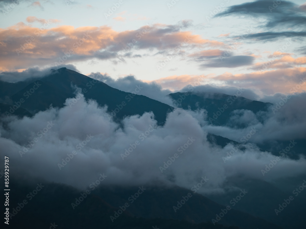 Beautiful misty mountain forest in sunset time Beautiful misty mountain forest in sunset time