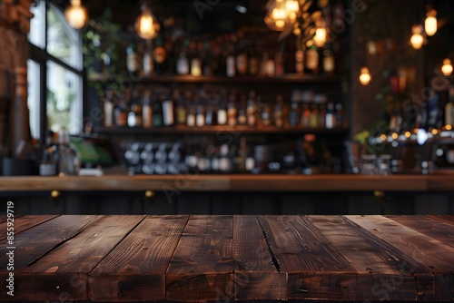 Blurred bar seen behind wooden table top © Valentin
