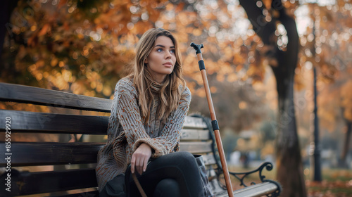 Woman sitting on a park bench, holding a walking cane representing the challenges of living with multiple sclerosis.