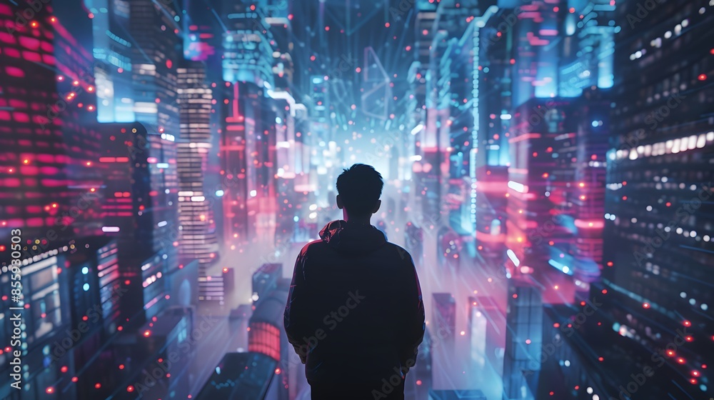 A young man engages with the metaverse, experiencing a virtual world in a futuristic concept. A young man engages with the metaverse, experiencing a virtual world in a futuristic concept.