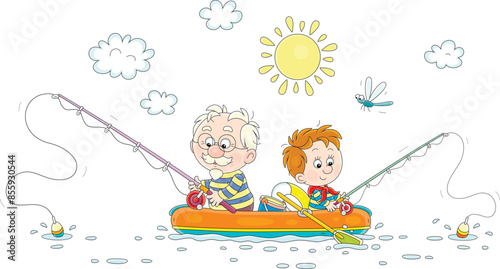 Grandpa with his happy little grandson sitting in their inflatable boat and fishing in a small lake on a beautiful sunny day of a summer vacation, vector cartoon illustration on white photo