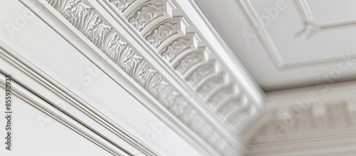 Detail of corner ceiling and walls with intricate crown moulding. Interior construction and renovation concept. Copy space image. Place for adding text and design photo