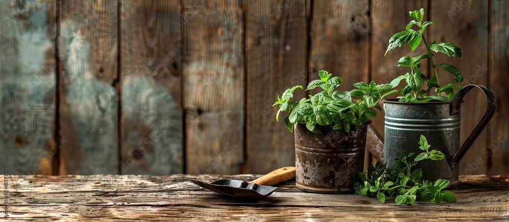 Indoor gardening on a rustic wooden table. Repot fresh kitchen herbs with a shovel and rusty watering can. Copy space image. Place for adding text and design Indoor gardening on a rustic wooden table. Repot fresh kitchen herbs with a shovel and rusty watering can. Copy space image. Place for adding text and design