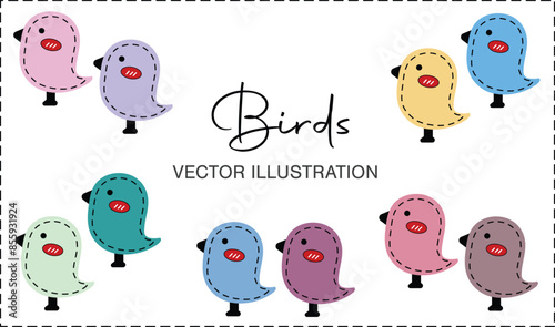 Set of colorful cute birds in pastel spring colors. Vector illustration isolated on white background.