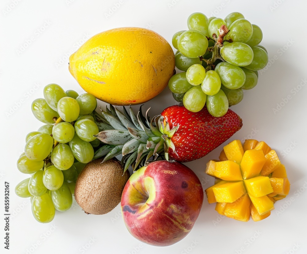 Variety of fresh fruits arranged on a white background Variety of fresh fruits arranged on a white background