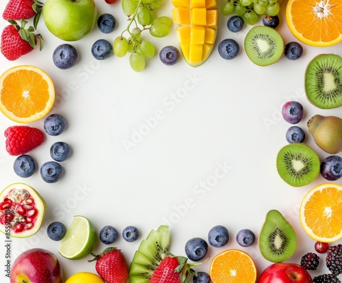 Variety of fresh fruits arranged on a white background photo