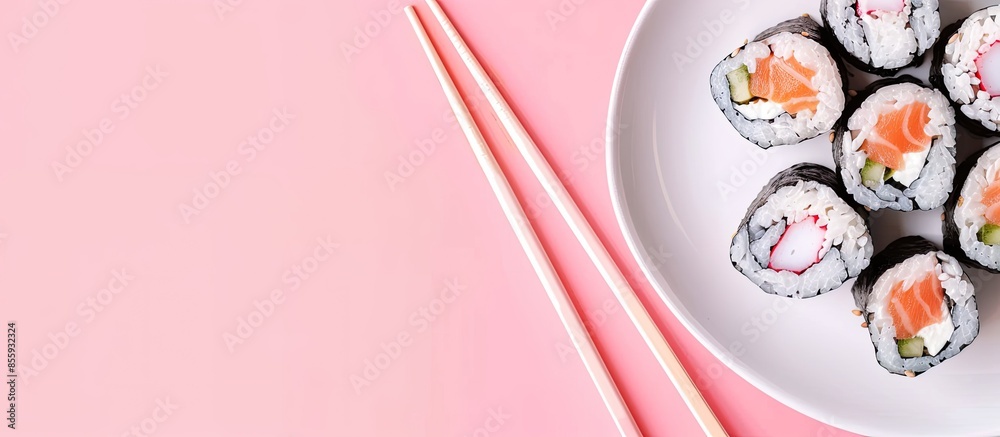 A close up shot of sweet sushi roll with chopsticks on a white tray pastel background. Copy space image. Place for adding text and design A close up shot of sweet sushi roll with chopsticks on a white tray pastel background. Copy space image. Place for adding text and design