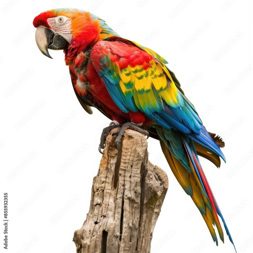 Fototapeta premium Beautifully Colored Parrot Perched on Wooden Stand with Wings Open on White Background