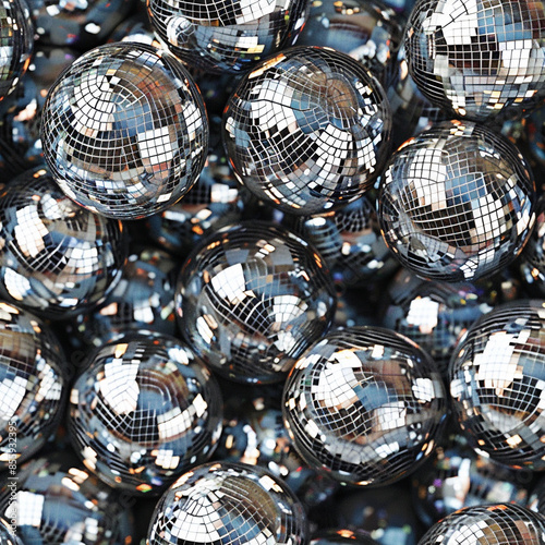 Nacro seamless pattern tile pile seamless disco ball texture pattern reflective silver shiny metallic glitter  Christmas decor texture background repeat nightclub party dance flatlay 
