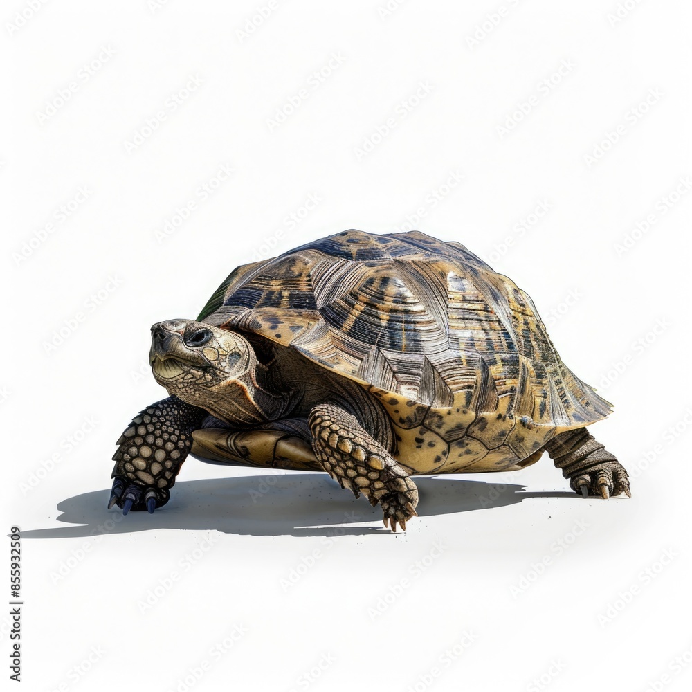 Obraz premium Slow and Steady: Lone Turtle on the Move against White Background