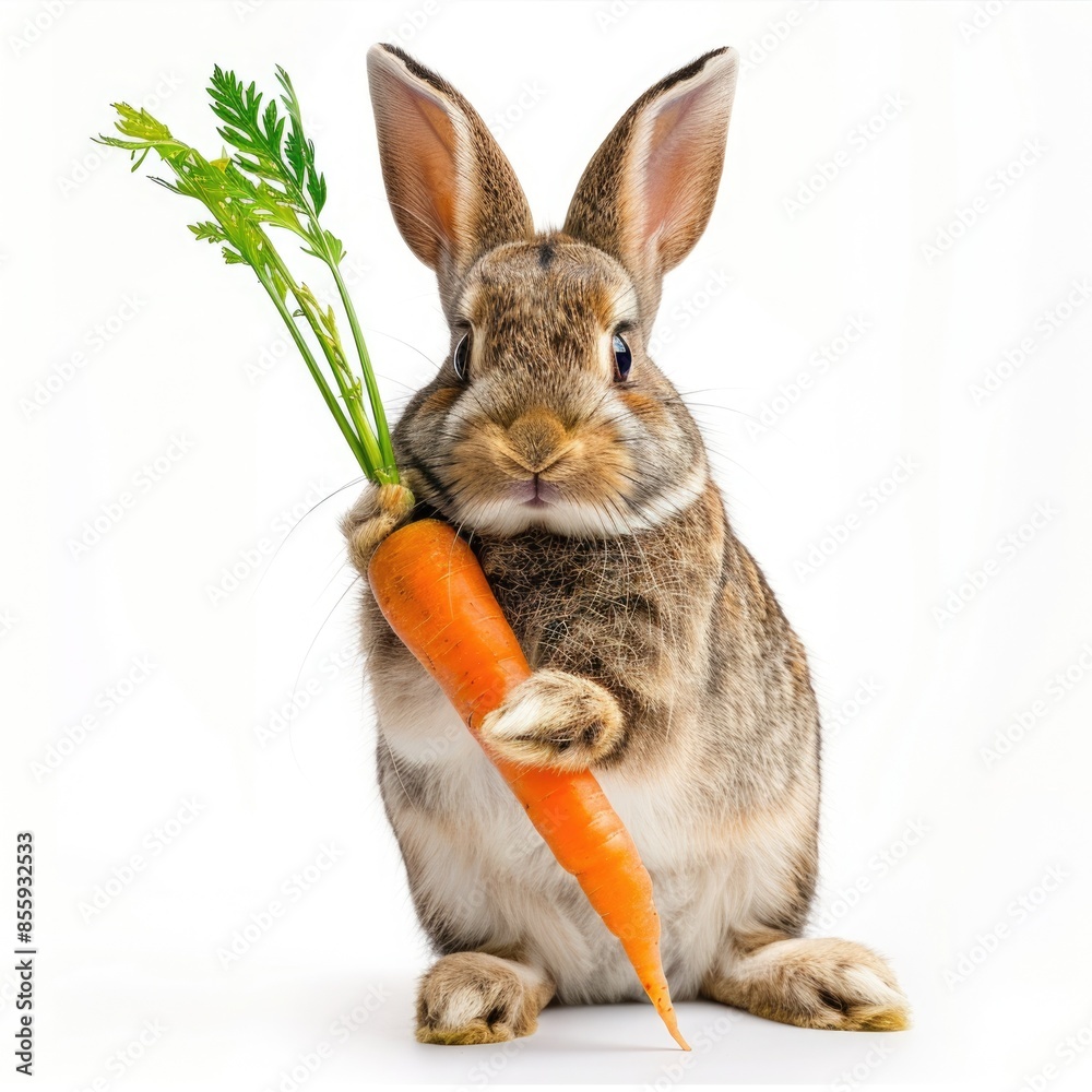 Obraz premium Adorable Rabbit Holding Carrot - Cute Bunny with Fresh Vegetable, Isolated on White Background
