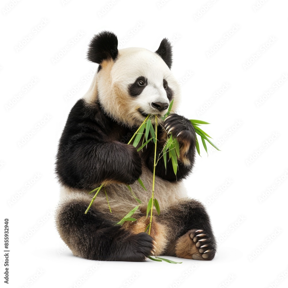 Adorable Panda Eating Bamboo - Cute bear enjoying bamboo leaves alone on a white backdrop. Adorable Panda Eating Bamboo - Cute bear enjoying bamboo leaves alone on a white backdrop.