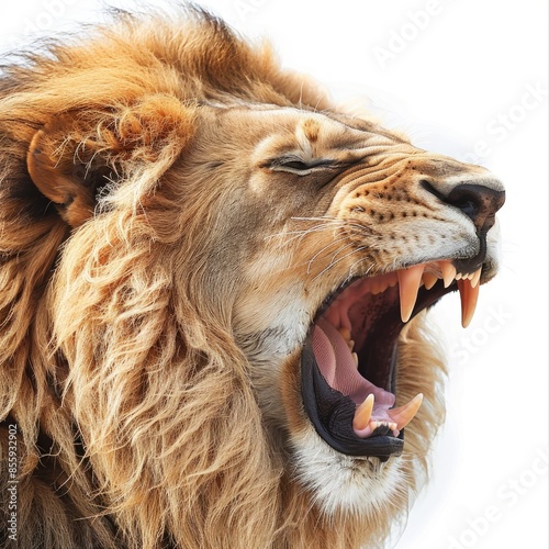 Roaring Lion - Powerful Image of a Fierce Lion Showing Teeth and Majestic Mane on White Background
