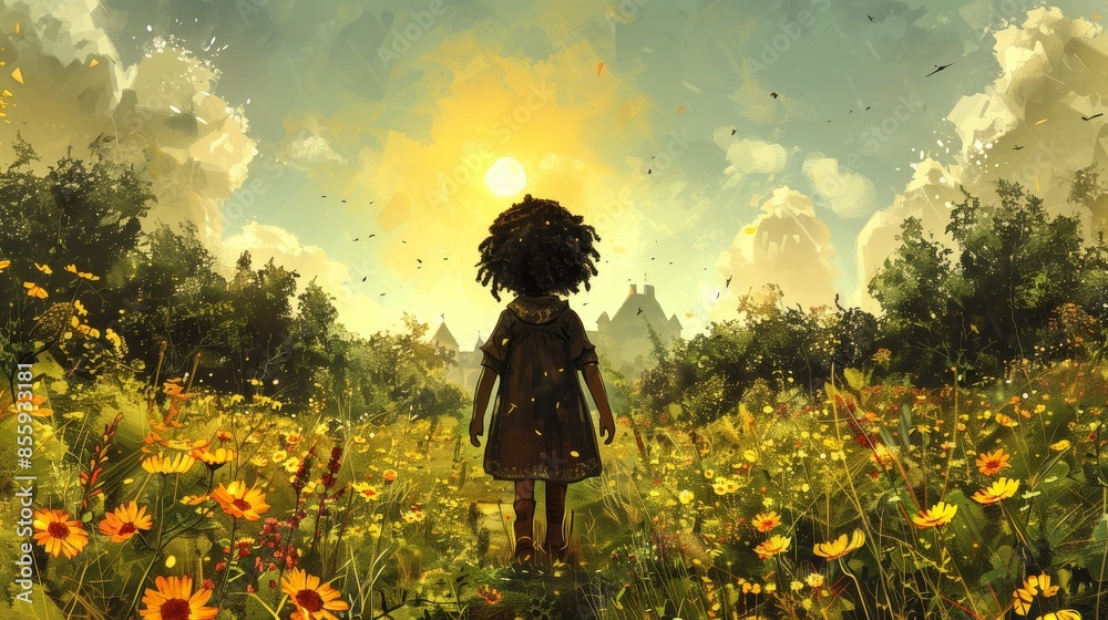 a young child standing amidst a lush field of wildflowers as they gaze towards an enchanting sunset. a young child standing amidst a lush field of wildflowers as they gaze towards an enchanting sunset.