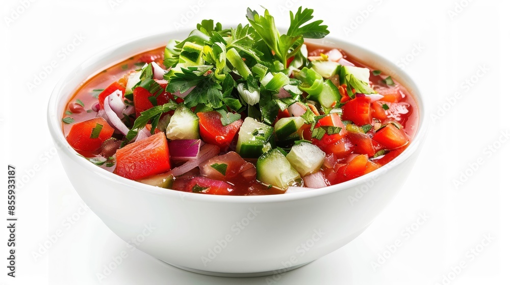 A bowl of vibrant gazpacho with fresh vegetables, isolated on a white background, studio lighting to highlight the refreshing and colorful dish A bowl of vibrant gazpacho with fresh vegetables, isolated on a white background, studio lighting to highlight the refreshing and colorful dish