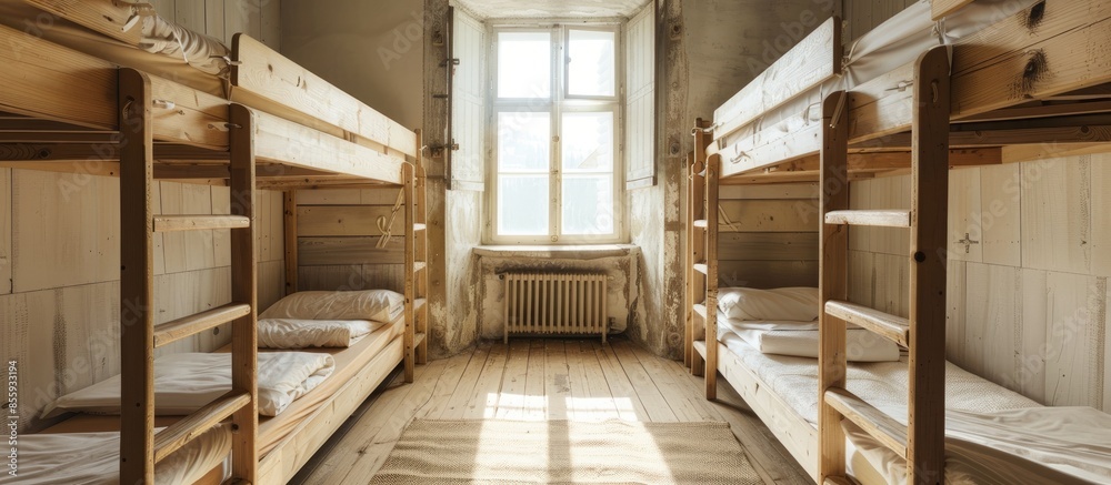 Interior of hostel with wooden bunk bed. Copy space image. Place for adding text and design Interior of hostel with wooden bunk bed. Copy space image. Place for adding text and design