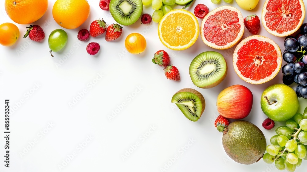 Variety of fresh fruits arranged on a white background