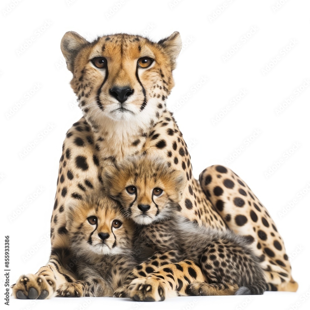 Protective Cheetah Mother Resting with Cute Cubs on White Background Protective Cheetah Mother Resting with Cute Cubs on White Background