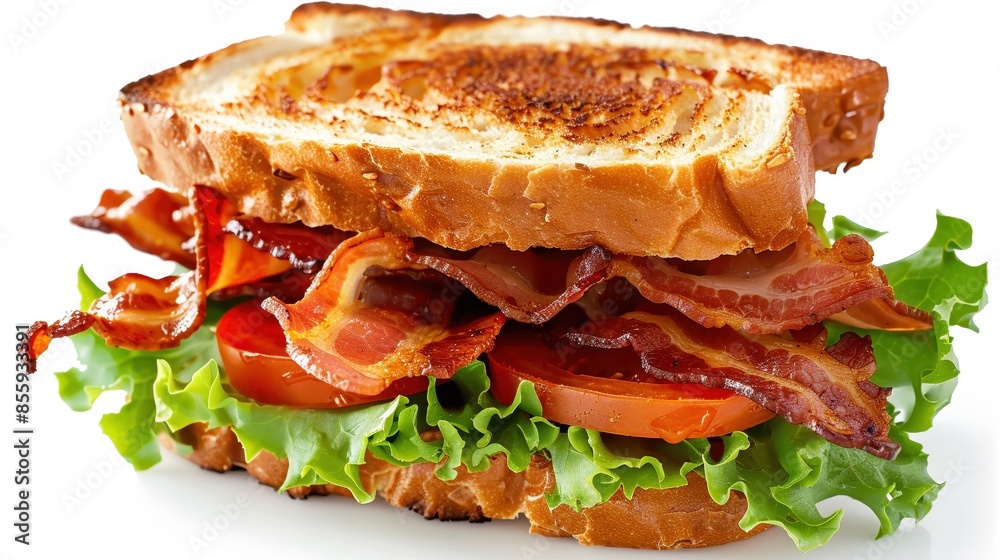 Classic BLT sandwich with crispy bacon, lettuce and tomatoes isolated on white background with studio lights Classic BLT sandwich with crispy bacon, lettuce and tomatoes isolated on white background with studio lights