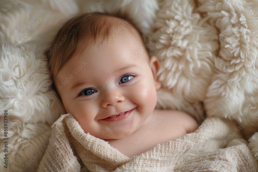 A close-up of a smiling baby lying on a soft, fluffy blanket, with bright eyes and chubby cheeks, capturing the warmth and innocence of early childhood A close-up of a smiling baby lying on a soft, fluffy blanket, with bright eyes and chubby cheeks, capturing the warmth and innocence of early childhood