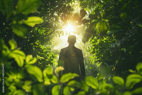 Man in business attire standing amidst trees with sunlight filtering through