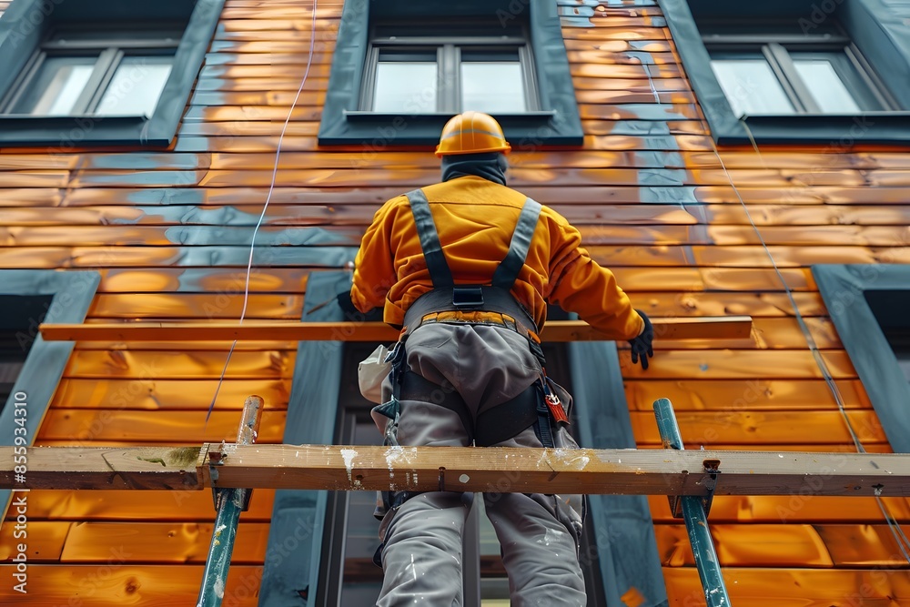 Fototapeta premium Man painting building orange on ladder
