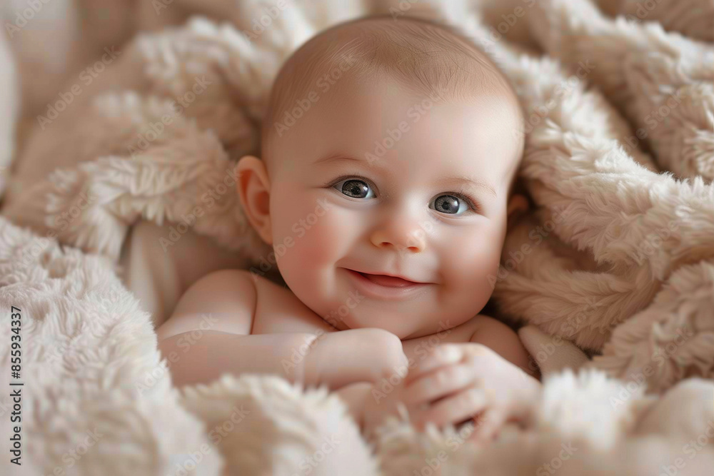 A close-up of a smiling baby lying on a soft, fluffy blanket, with bright eyes and chubby cheeks, capturing the warmth and innocence of early childhood A close-up of a smiling baby lying on a soft, fluffy blanket, with bright eyes and chubby cheeks, capturing the warmth and innocence of early childhood