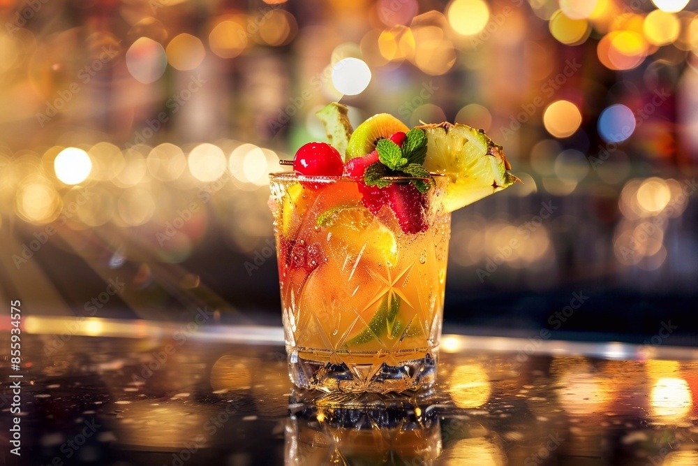 Fresh exotic tropical fruit combo in glass on bar counter on luxury resort.Macro.AI Generative.