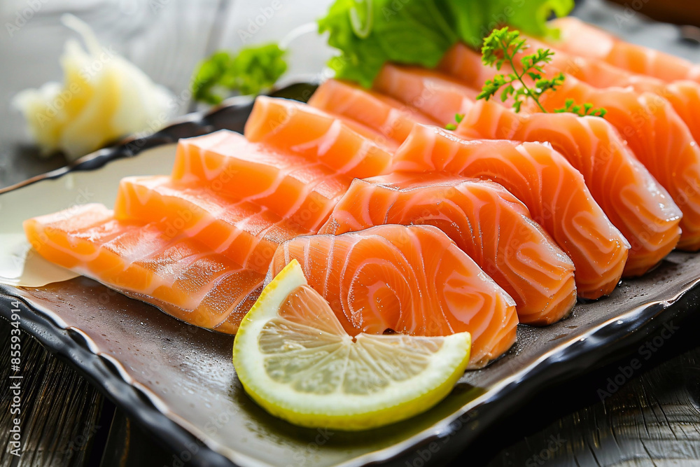 Salmon sashimi slices with lemon and dill on porcelain plate and restaurant table.Macro.AI Generative. Salmon sashimi slices with lemon and dill on porcelain plate and restaurant table.Macro.AI Generative.