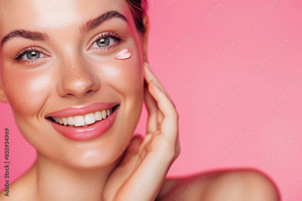Beautiful portrait of young happy smiling woman with soft skin and hands holding face on pink background.Cosmetology advertising poster.AI Generative. Beautiful portrait of young happy smiling woman with soft skin and hands holding face on pink background.Cosmetology advertising poster.AI Generative.