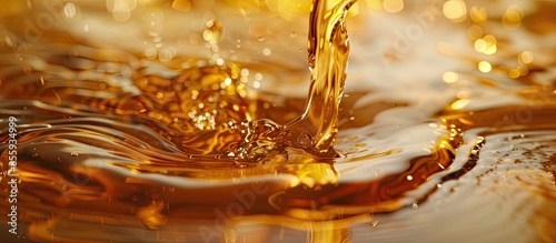 Pouring cooking oil, closeup. Freeze motion of splashing liquid. Copy space image. Place for adding text and design