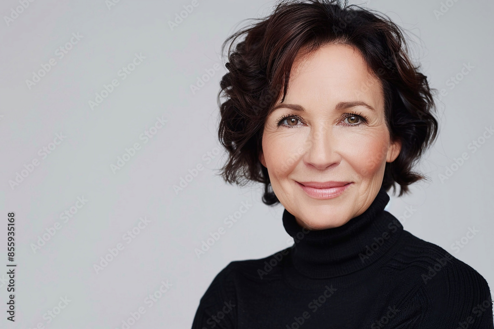 Portrait of beautiful middle-aged woman wearing black turtleneck on grey background.Macro.AI Generative. Portrait of beautiful middle-aged woman wearing black turtleneck on grey background.Macro.AI Generative.