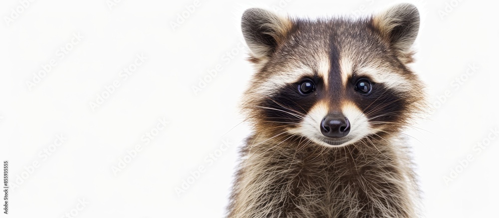 Obraz premium Portrait of a cute funny raccoon, closeup, isolated on a white background. Copy space image. Place for adding text and design