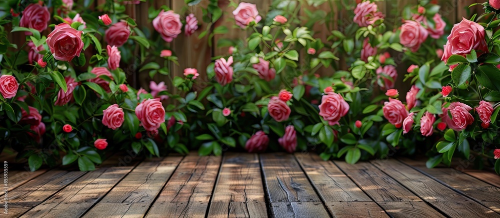 roses bush with wooden floor background. Copy space image. Place for adding text and design