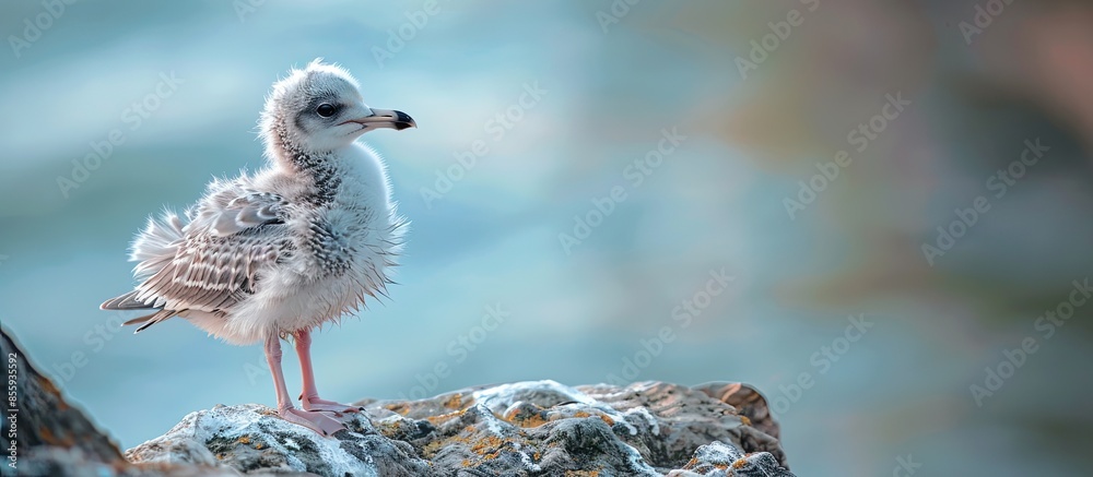 Φωτογραφία Close up baby young seagull with wing feather details on the rock near the sea