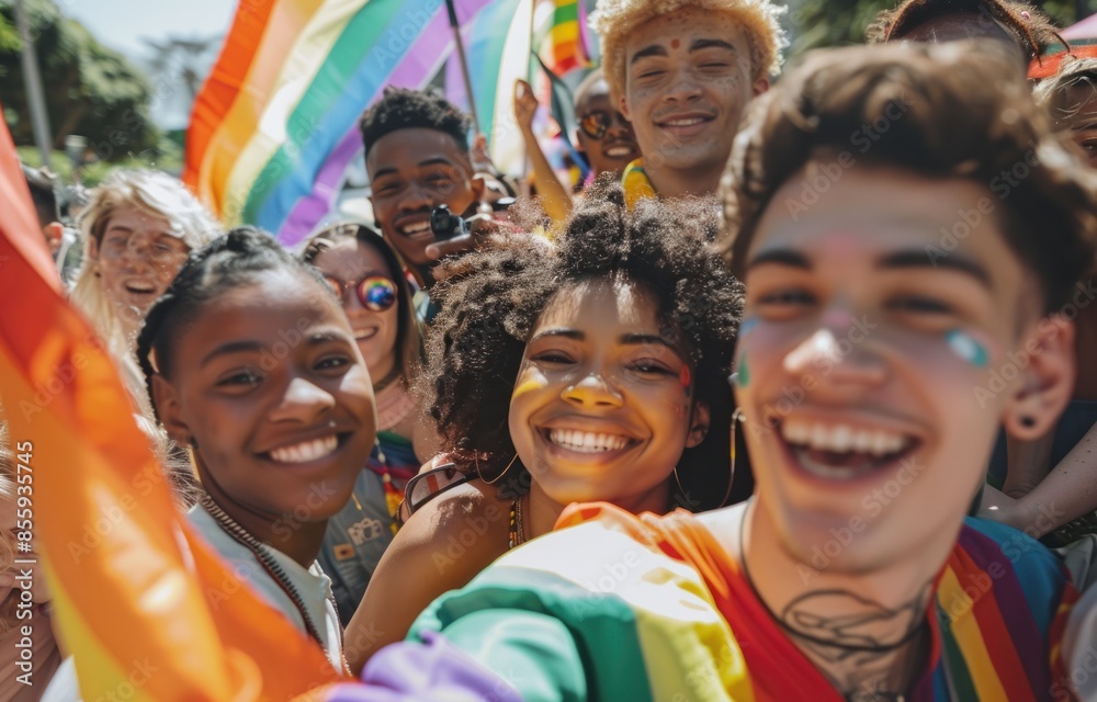 Joyful Faces at Pride: Young People Uniting Under Rainbow Flag - Generative ai Joyful Faces at Pride: Young People Uniting Under Rainbow Flag - Generative ai
