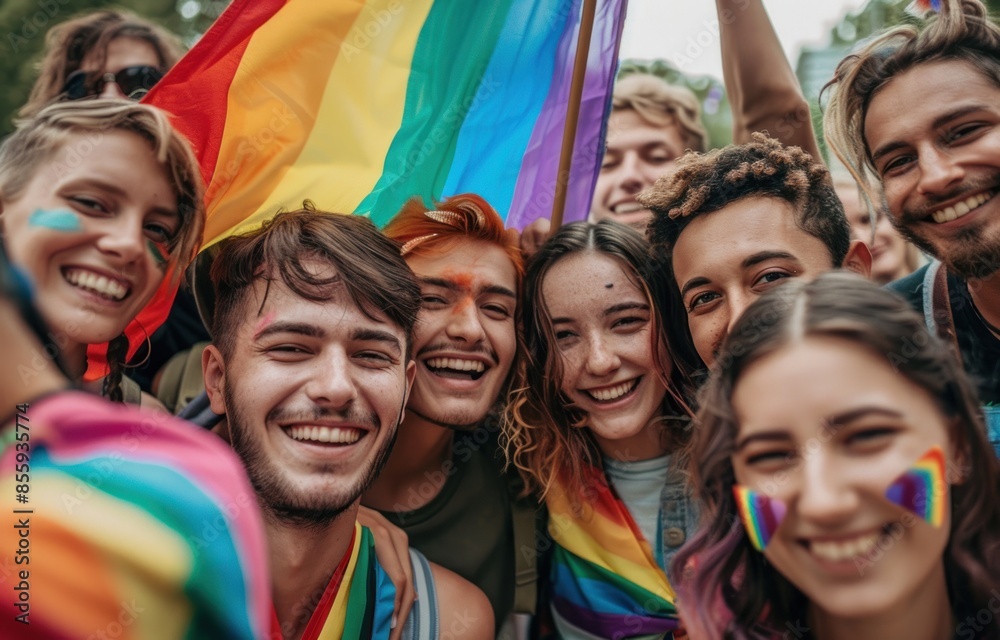 Joyful Faces at Pride: Young People Uniting Under Rainbow Flag - Generative ai Joyful Faces at Pride: Young People Uniting Under Rainbow Flag - Generative ai