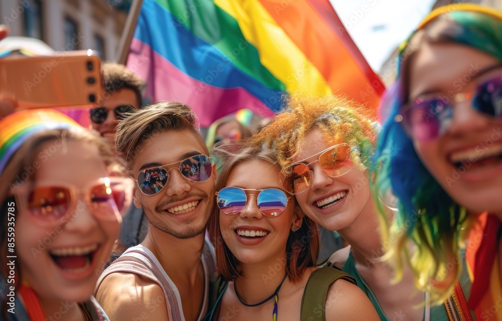 Joyful Faces at Pride: Young People Uniting Under Rainbow Flag - Generative ai