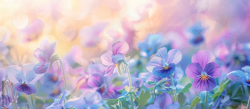 Viola tr color in the garden. Flowers of viola. Blossoming viola. pastel background. Copy space image. Place for adding text and design Viola tr color in the garden. Flowers of viola. Blossoming viola. pastel background. Copy space image. Place for adding text and design