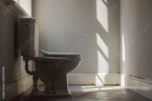 Ceramic white toilet bowl near grey wall, side light in the modern bathroom
 photo