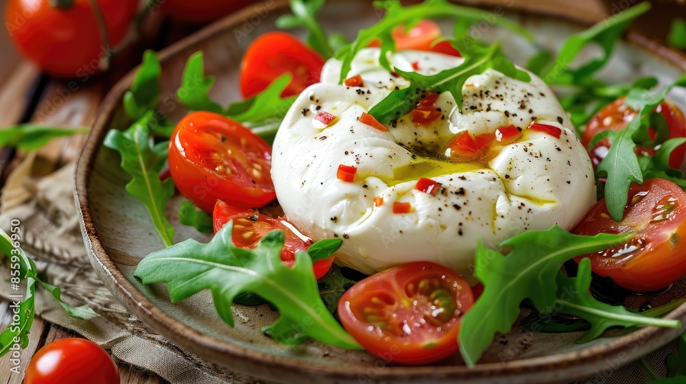 Creamy Burrata cheese with tomato and arugula in traditional Italian style