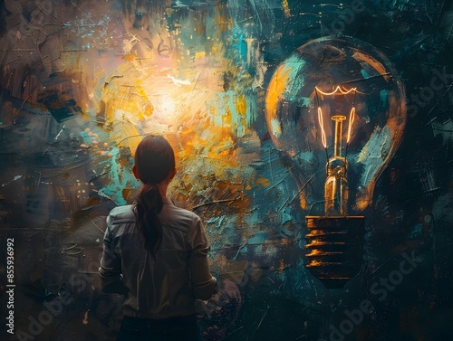 Person Gazing Admiringly at Glowing Light Bulb Representing and Idea Concept photo