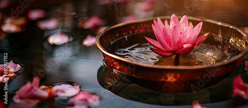 Lotus flower in a copper bowl with water for the rite of meditation. Copy space image. Place for adding text or design