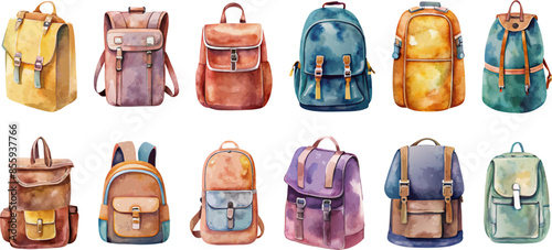 Watercolor backpack set isolated on white background. School backpack, Schoolbags. Vector illustration.