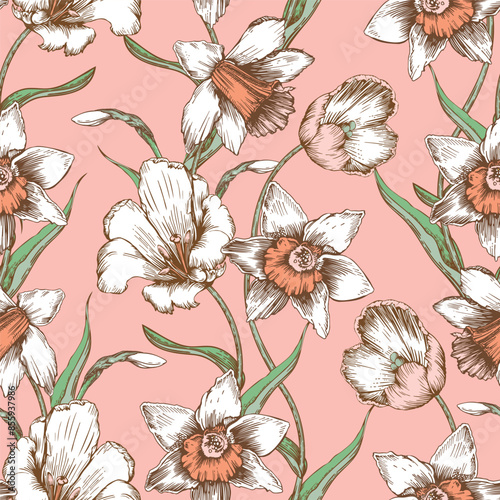 Seamless pattern with daffodil flowers. Vector illustration.