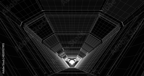 Futuristic low poly sci-fi laboratory or spaceship corridor with neon light. Vector illustration