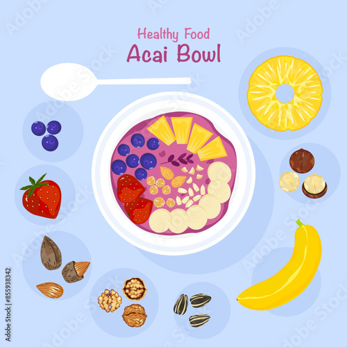 Healthy cooking ingredients, delicious mixed fruit Rich in vitamins Top view of food bowl. Acai on a smoothie in a bowl. Light background vector illustration for food menu decoration. Easy to edit.
