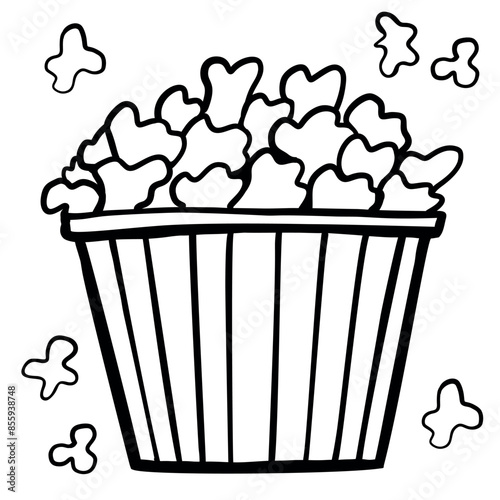 Outline icon Popcorn bucket, doodle pop corn container of cinema or movie theater snack food isolated on white background. Vector illustration.