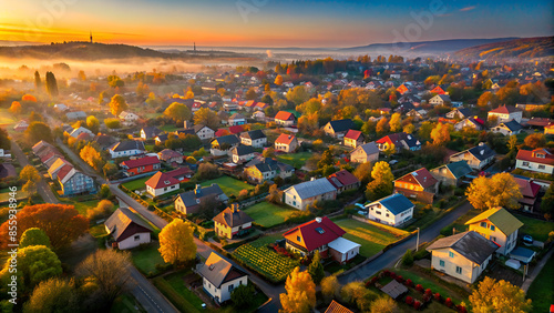 Aerial view of middle class houses in small village or town in the countryside. Top view above houses at sunrise above in the autumn Uzhhorod Ukraine Europe